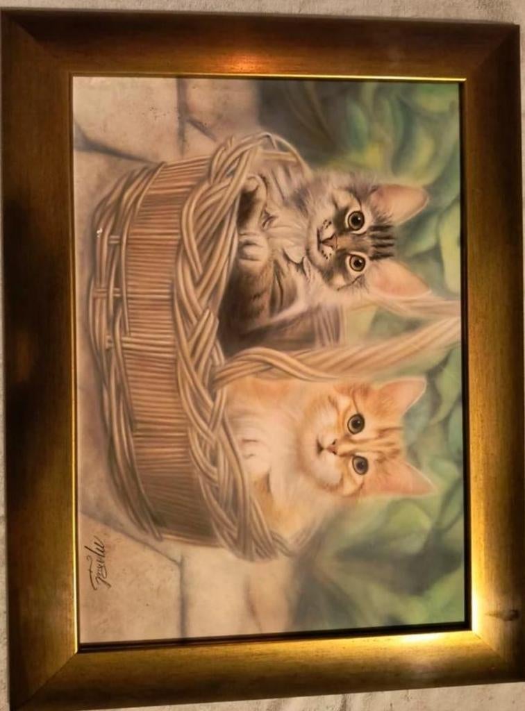 Vintage Mariel Schilderij - Kittens in Mand, Ophalen of Verzenden