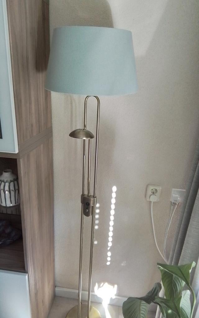 Koper/Brons Staande Lamp met Leeslampje - Grijsblauwe Kap, Huis en Inrichting, Lampen | Vloerlampen, Ophalen, Modern, Klassiek