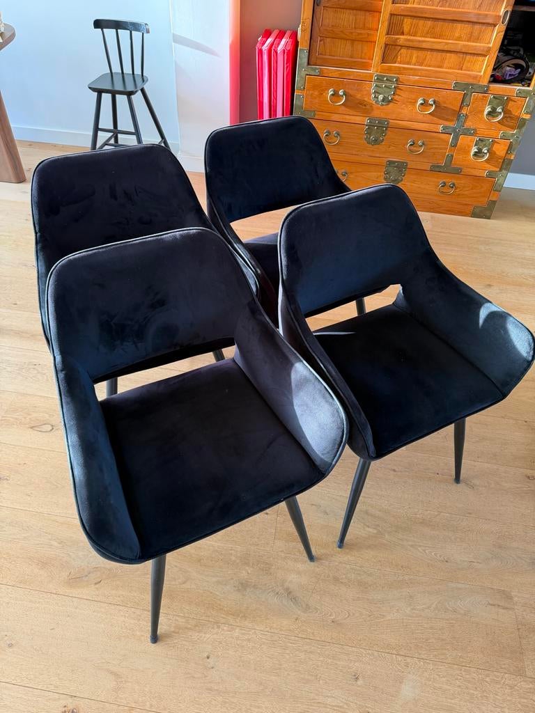 4 zwarte velvet eetkamerstoelen, Huis en Inrichting, Stoelen, Ophalen, Zwart, Zo goed als nieuw, Vier