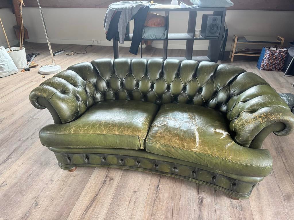 Groene Chesterfield bank - Vintage leer, Ophalen, Gebruikt, Tweepersoons, 200 tot 250 cm