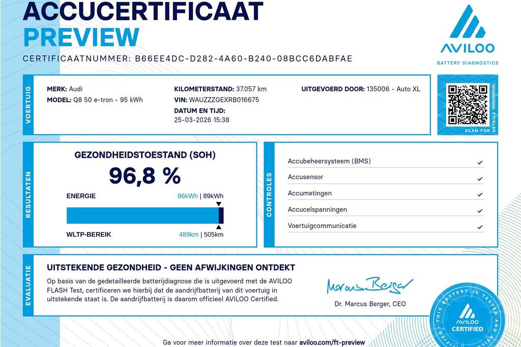 Audi Q8 e-tron Quattro Advanced 95 kWh (97%SOH) S-Line/Sport, Auto's, Audi, Automaat, 131 €/maand, Zwart, 95 kWh