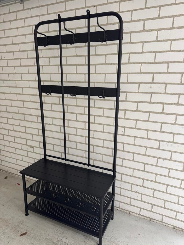 Zwarte kapstok met schoenenrek en zitbankje, Ophalen of Verzenden, Zo goed als nieuw, Metaal, Staande kapstok