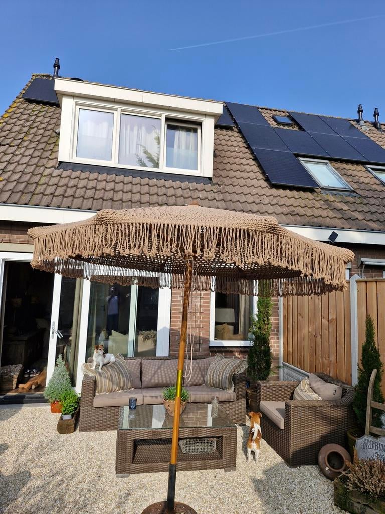 Schitterende (zeer zware!) Macrame parasol, Tuin en Terras, Parasols, Zo goed als nieuw, Ophalen