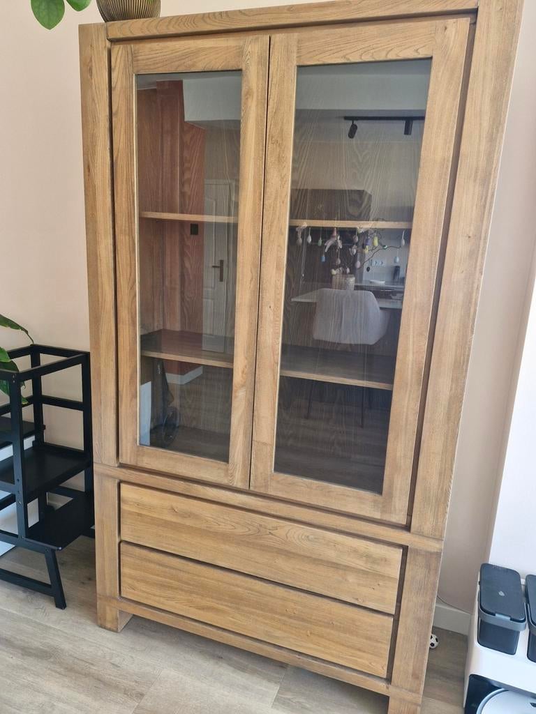 Massief houten buffetkast vitrinekast, Ophalen, 25 tot 50 cm, 100 tot 150 cm, 150 tot 200 cm
