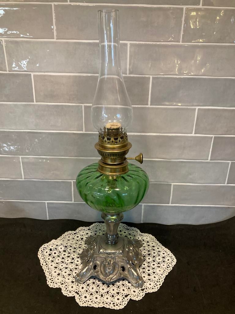Antieke Brenner olielamp met groen glas (300326c), Ophalen of Verzenden
