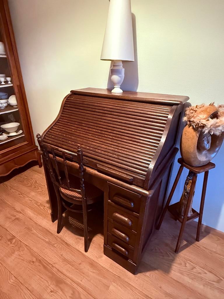 Antiek eiken rolbureau + Thonet stoel, Ophalen, Gebruikt