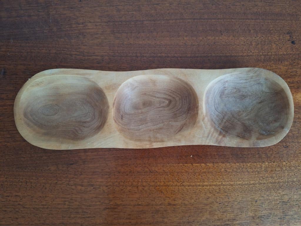 Bowls-dishes olijfhouten trio snackschaa, Ophalen of Verzenden, Zo goed als nieuw, Hout, Bruin