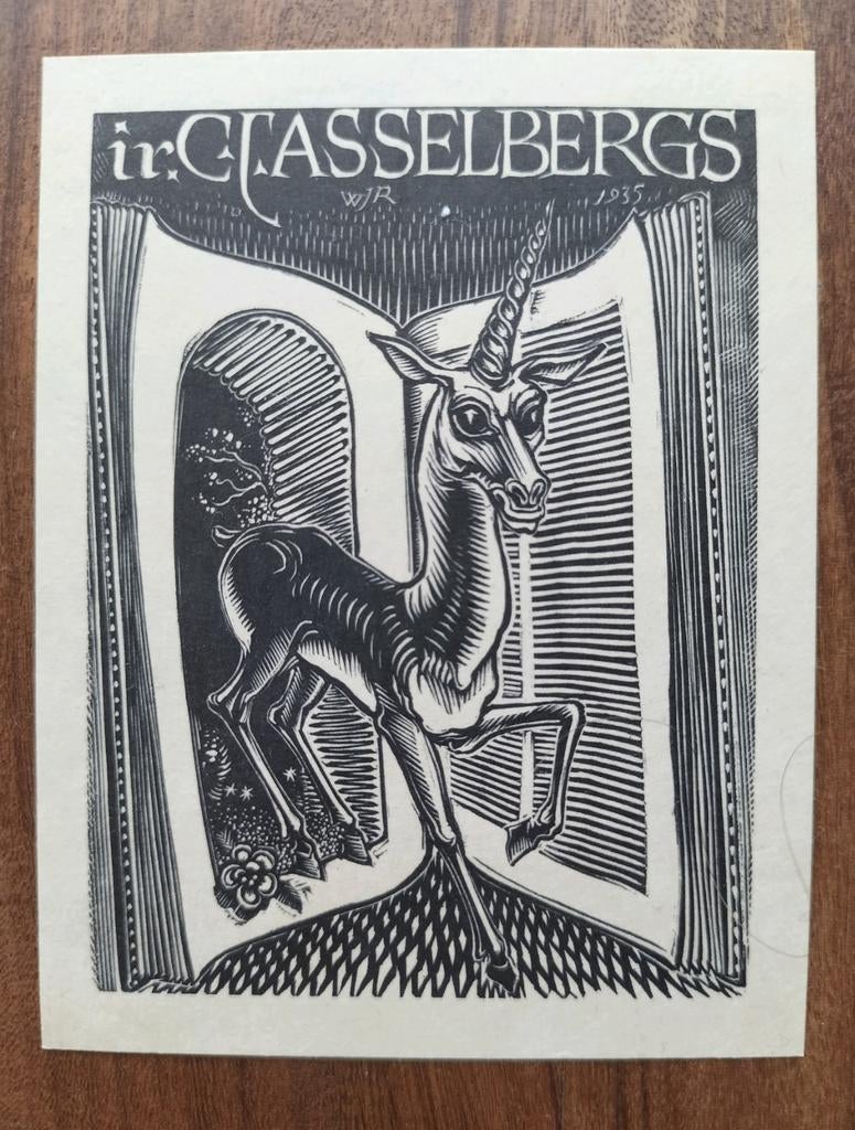 Exlibris C.J. Asselbergs (W.J. Rozendaal 1935) (Eenhoorn), Antiek en Kunst, Mythologie, Ophalen of Verzenden, Origineel, Houtsnede