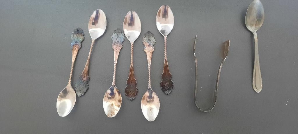 1 set verzilverde lepels + suikertang, Douwe Egberts, Ophalen of Verzenden