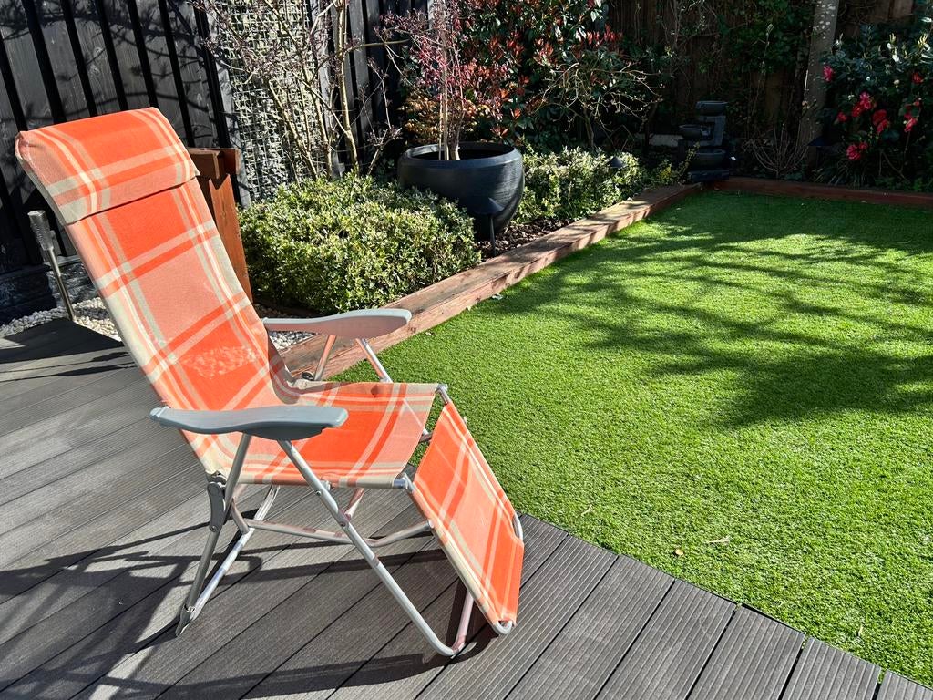 Oranje geruite tuinstoel, Tuin en Terras, Tuinstoelen, Ophalen, Gebruikt, Metaal, Inklapbaar