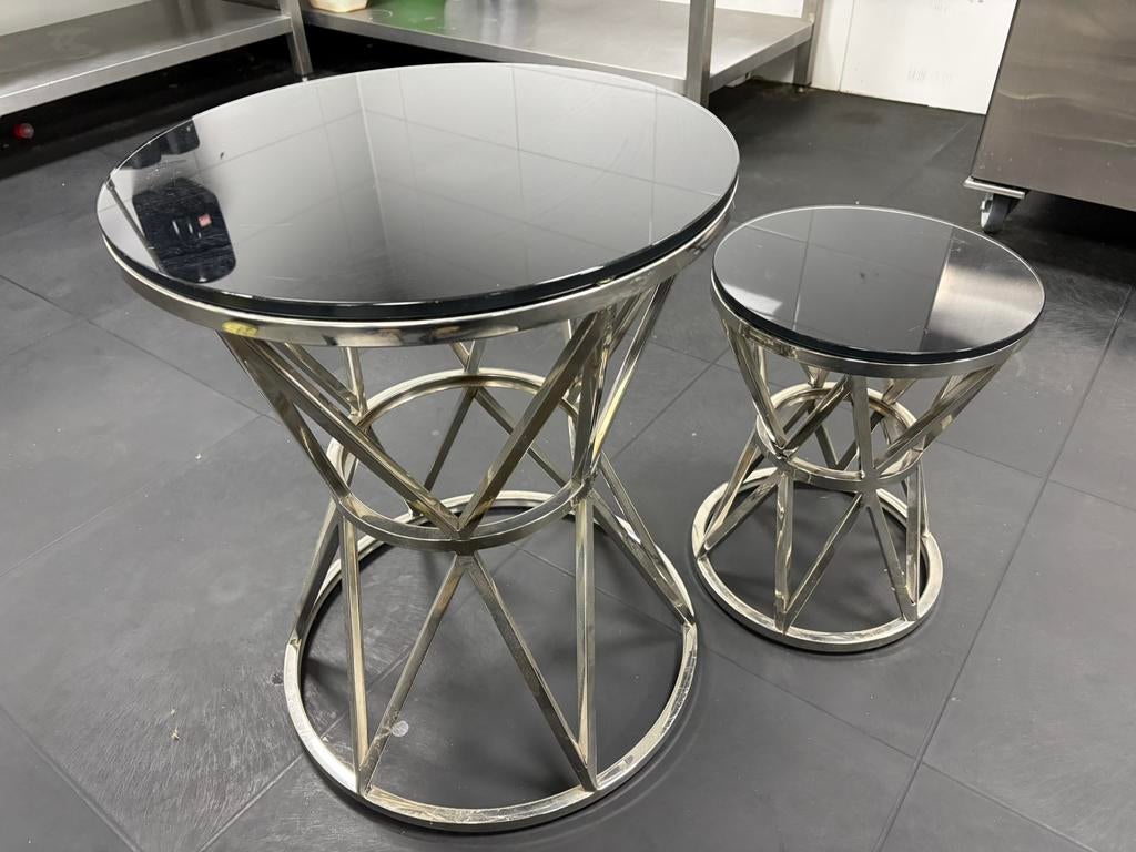 Luxe glazen tafeltjes chrome met glasplaat, Huis en Inrichting, Tafels | Bijzettafels, Minder dan 55 cm, Gebruikt, Luxe, Rond