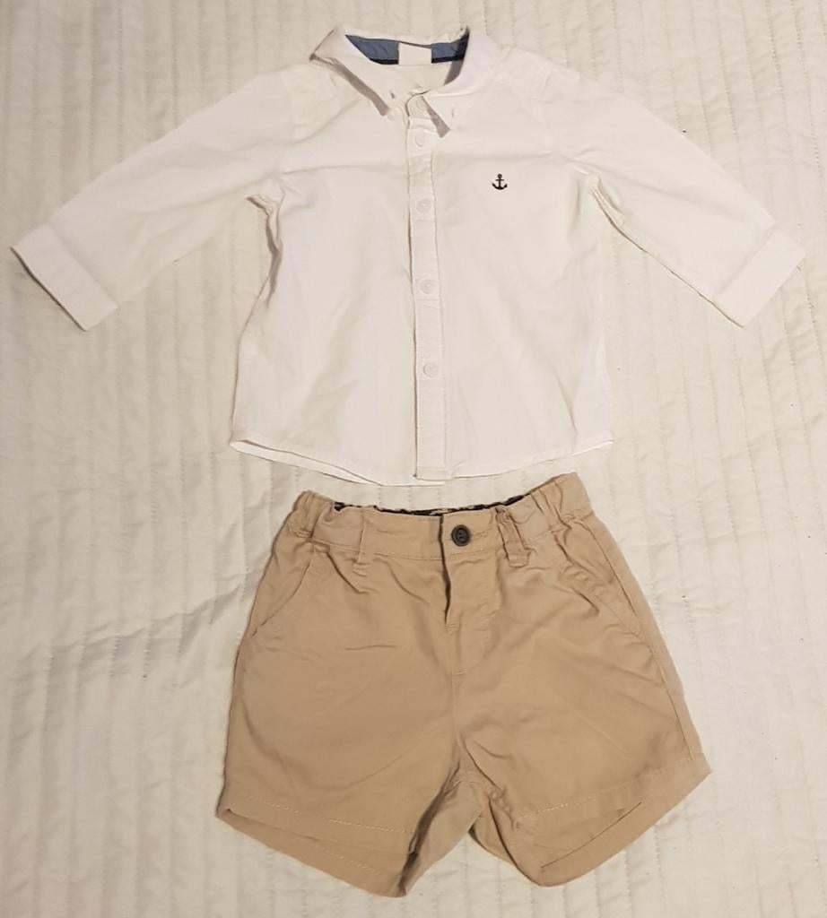 H&m setje broek beige maat 80 blouse wit maat 68 babykleding, Verzenden, H&M, Zo goed als nieuw, Setje