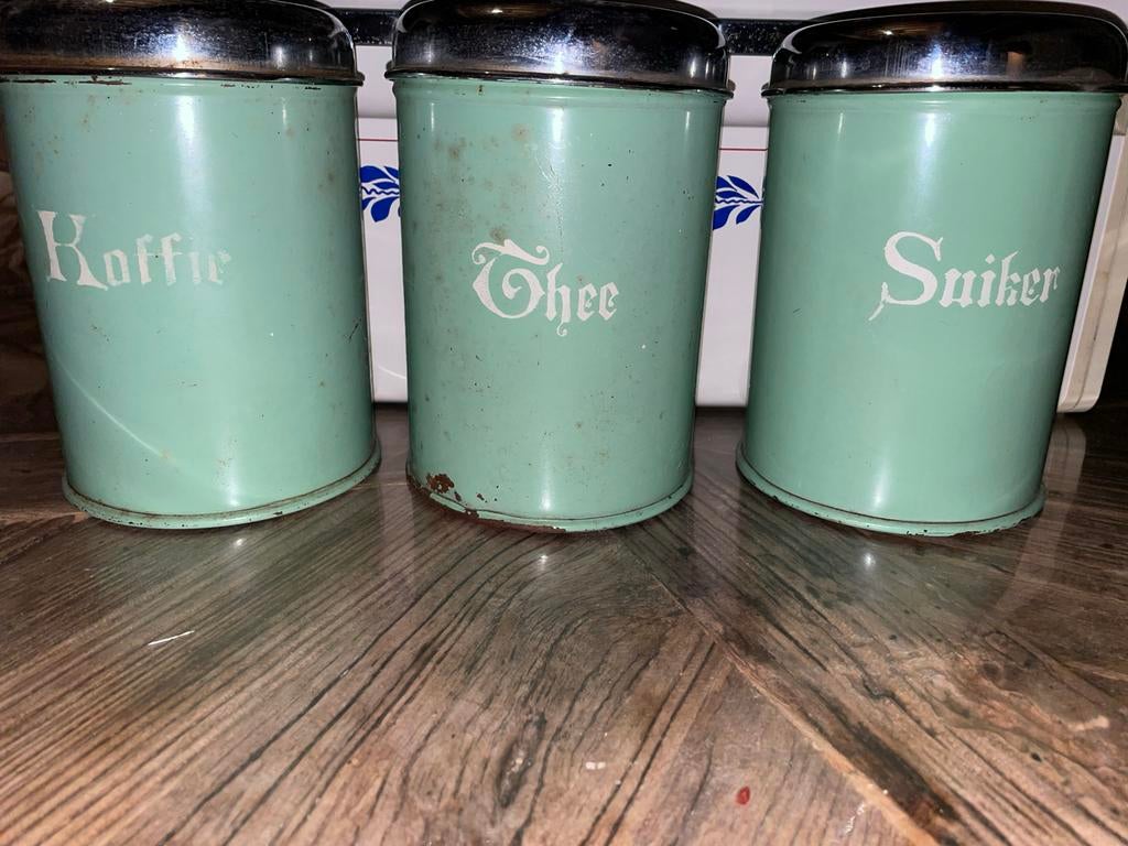 Vintage voorraadpotten: Koffie, Thee, Suiker (set van 3), Ophalen of Verzenden