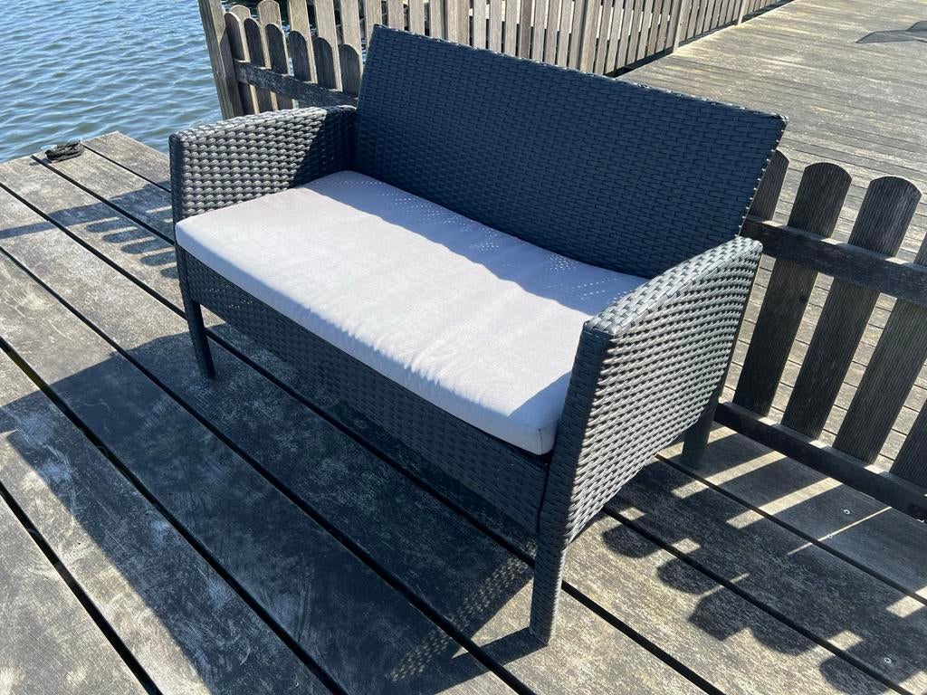 Donkergrijze rotan gevlochten tuinbank met kussen, Ophalen, Gebruikt, Wicker