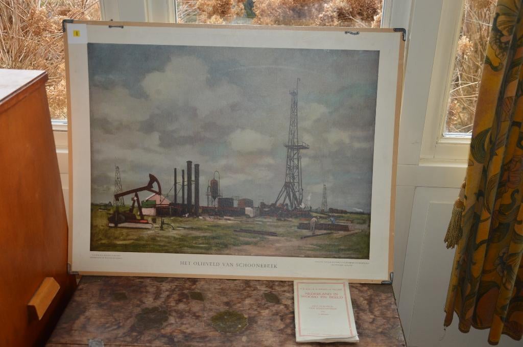 Antieke schoolplaat J.B. Wolters: Het olieveld van Schoonebe, Antiek en Kunst, Antiek | Schoolplaten, Ophalen of Verzenden, Stad- en Dorpsgezichten