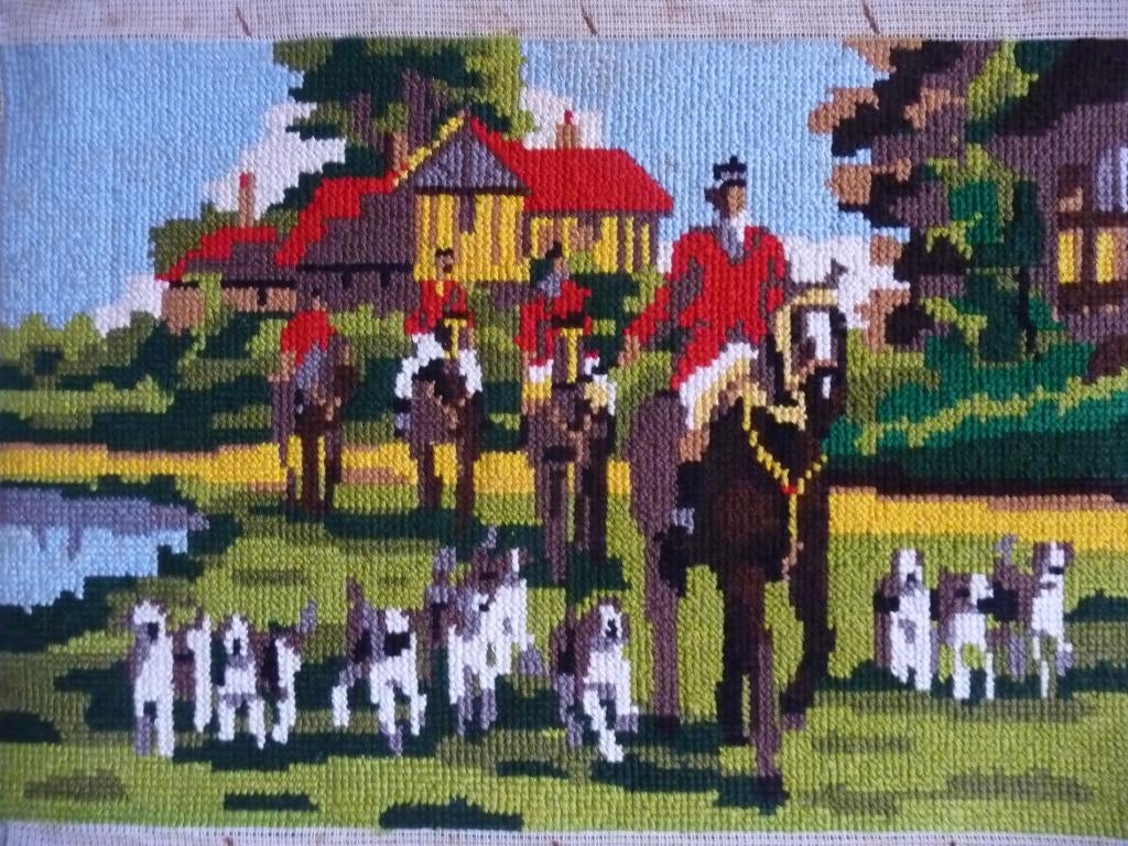 Borduurwerk "Jacht"(veel honden), Hobby en Vrije tijd, Borduren en Borduurmachines, Ophalen of Verzenden, Gebruikt, Handborduren