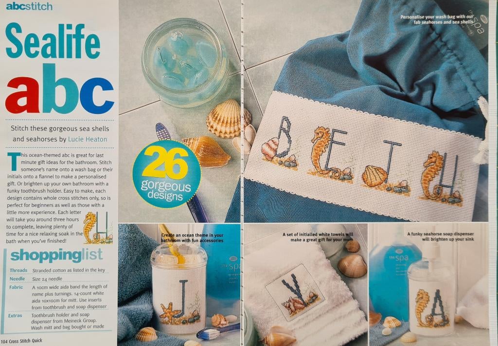 Zeeleven ABC met zeepaardje, zeester en schelpen, Ophalen, Nieuw, Handborduren, Patroon