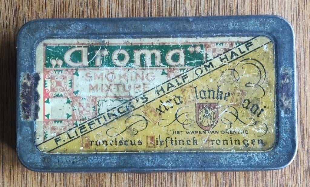 Blikje Aroma smoking mixture F.Lieftinck's half om half, Verzamelen, Blikken, Ophalen of Verzenden, Gebruikt, Overige