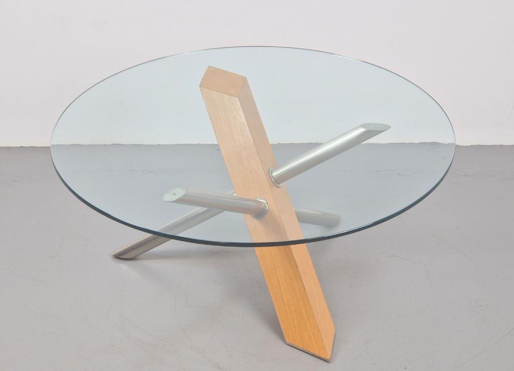 Vintage moderne salontafel hout glas design rond ’90 Italië, Ophalen, Gebruikt, 50 tot 100 cm, Rond