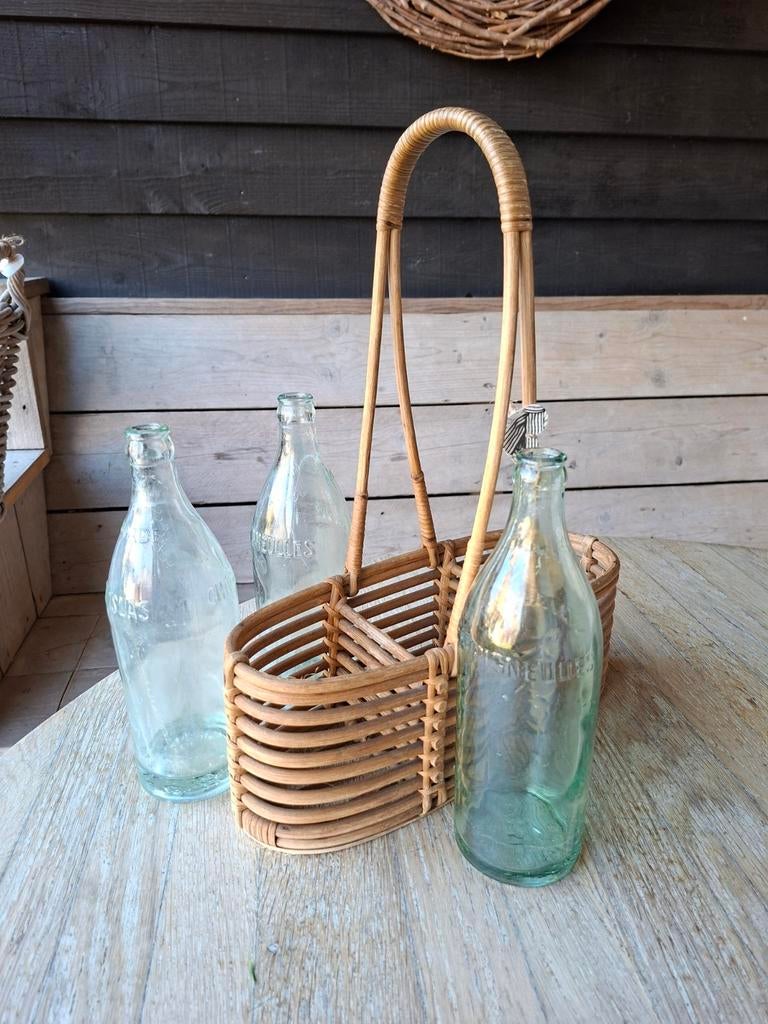 3 oude Franse limonade flessen met houten rack., Ophalen of Verzenden