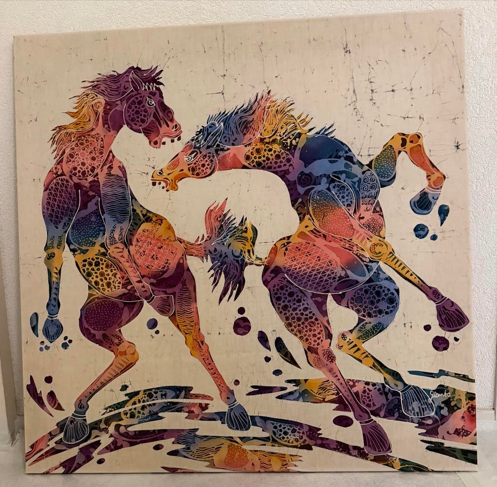 Batik schilderij doek, paarden, Midden Java, Indonesië, Antiek en Kunst, Kunst | Niet-Westerse kunst, Ophalen of Verzenden
