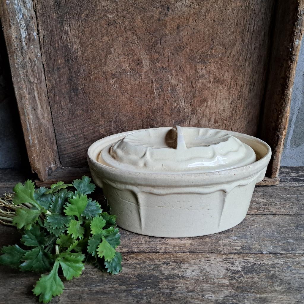 Brocante aardewerk patevorm pateschaal met deksel *Etage3*, Gebruikt, ., Ophalen of Verzenden, .