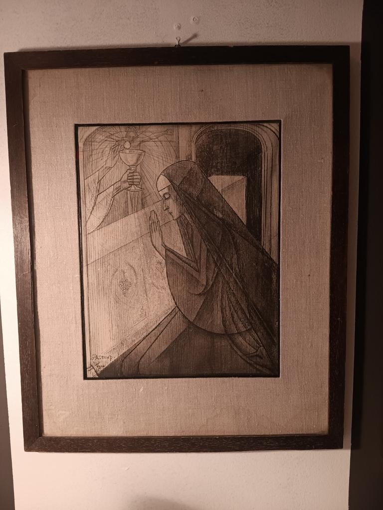 Mooie gelijste Toorop met stoffen passe-partout, Ophalen of Verzenden