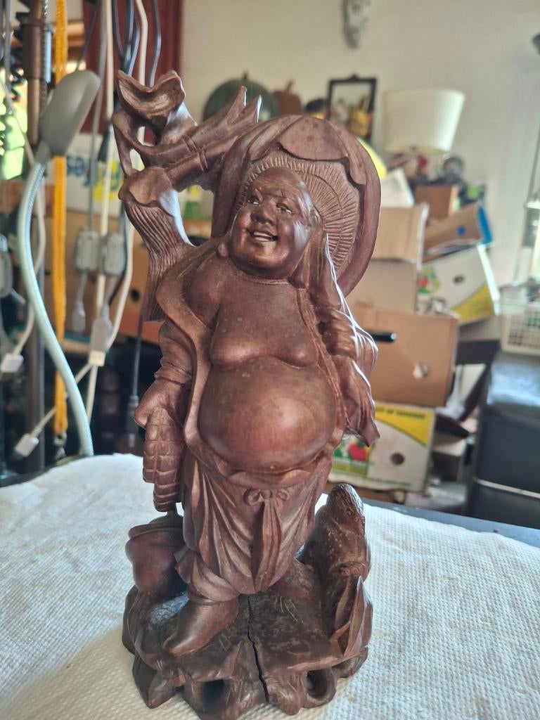 Houten Boeddha beeld - Lachende Boeddha met draak, Antiek en Kunst, Ophalen of Verzenden