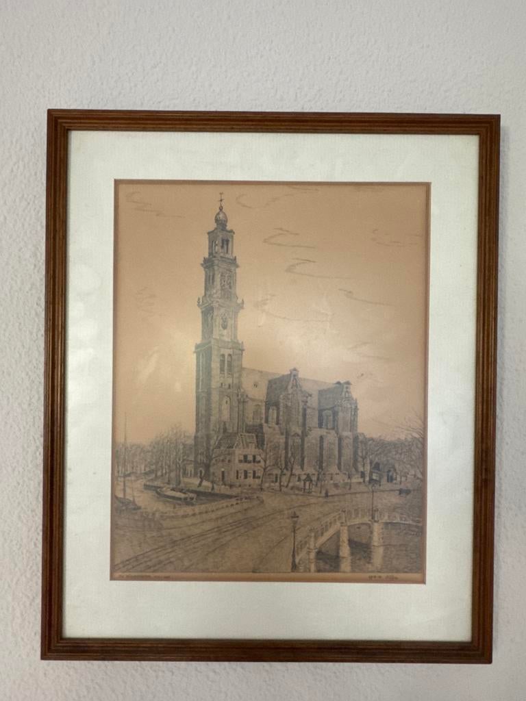 Pentekening Westertoren Amsterdam, 1934, ingelijst, Ophalen of Verzenden