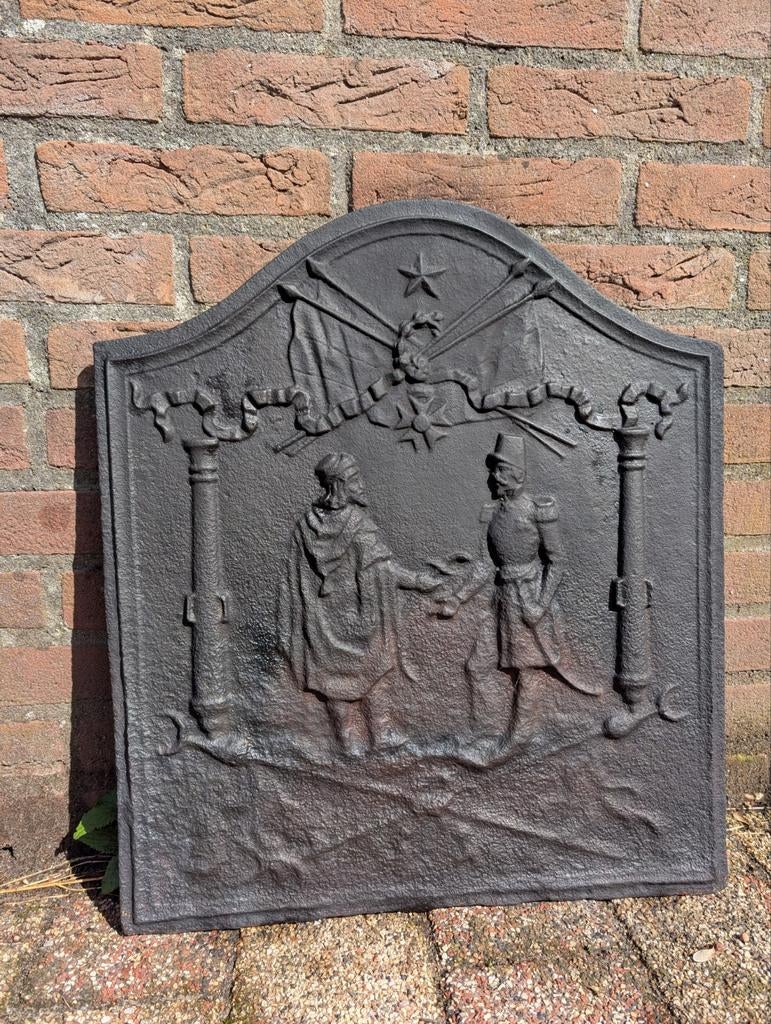 Prachtige zware gietijzeren haardplaat - Antiek tafereel, Ophalen, Vrijstaande haard, Houthaard