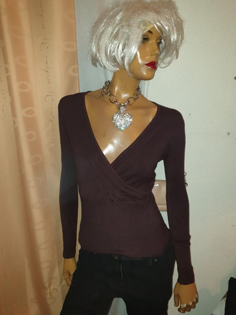 Donkerbruine overslagtrui lange mouwen pétillance maat S/M, Maat 38/40 (M), Bruin, Zo goed als nieuw, Pétillance