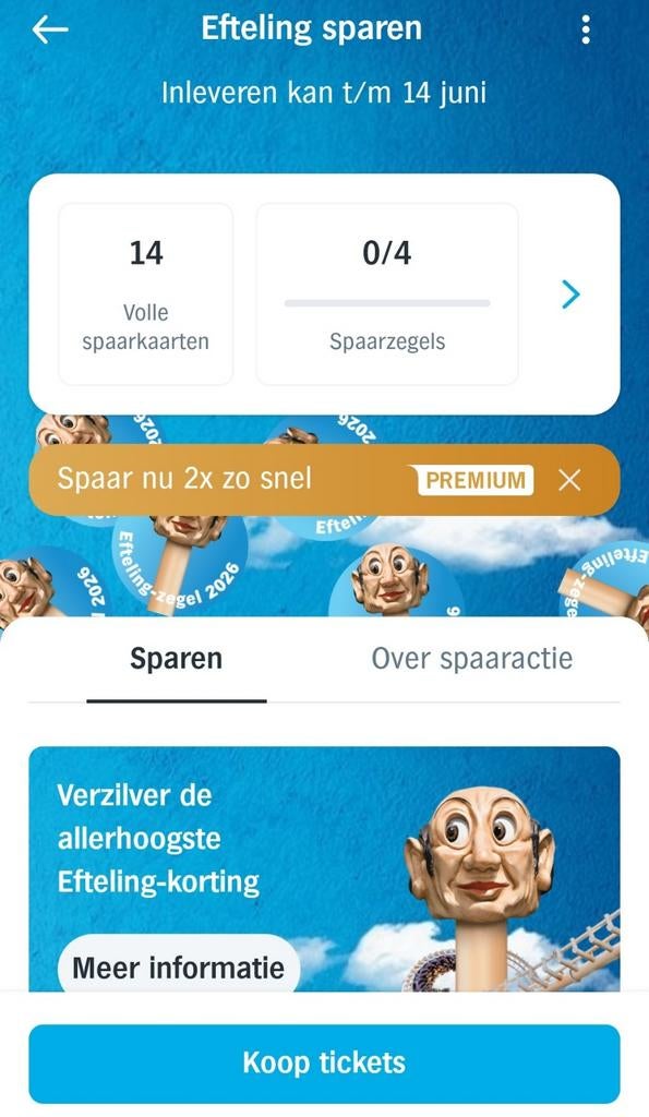 Efteling zegels 14 euro korting per persoon, Tickets en Kaartjes, Drie personen of meer, Kortingskaart