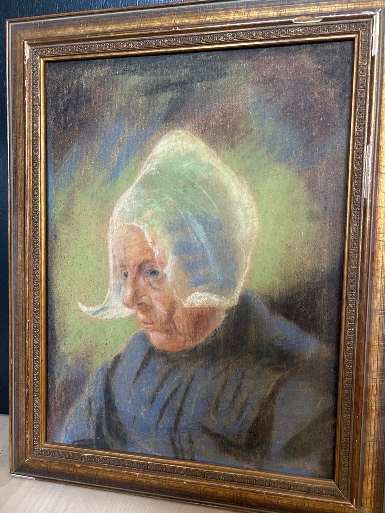 Oud portret van een vrouw in klederdracht, pastelkrijt, Ophalen of Verzenden