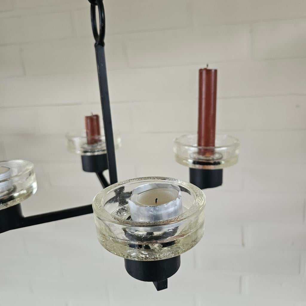Vintage Zweedse gietijzeren Hangkandelaar Kandelaar met glas, Zwart, Ophalen of Verzenden, Zo goed als nieuw, X