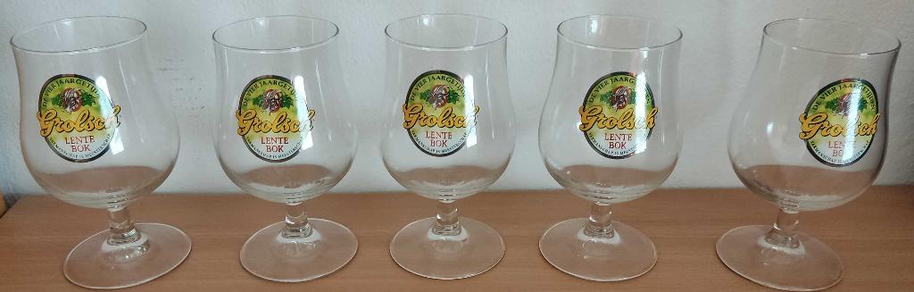 5x Grolsch Lentebok glazen, Ophalen, Zo goed als nieuw, Glas of Glazen, Grolsch