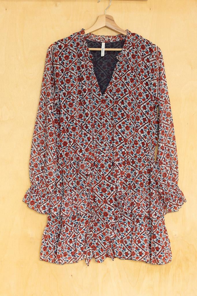 Pepe jeans kleurrijke chiffon floral jurk, rood blauw 42 L, Maat 42/44 (L), Ophalen of Verzenden, Zo goed als nieuw, Pepe Jeans