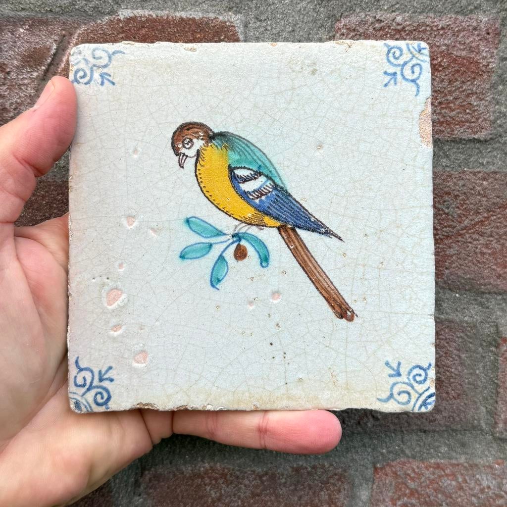 17e eeuwse polychrome vogel tegel, Antiek en Kunst, Ophalen of Verzenden