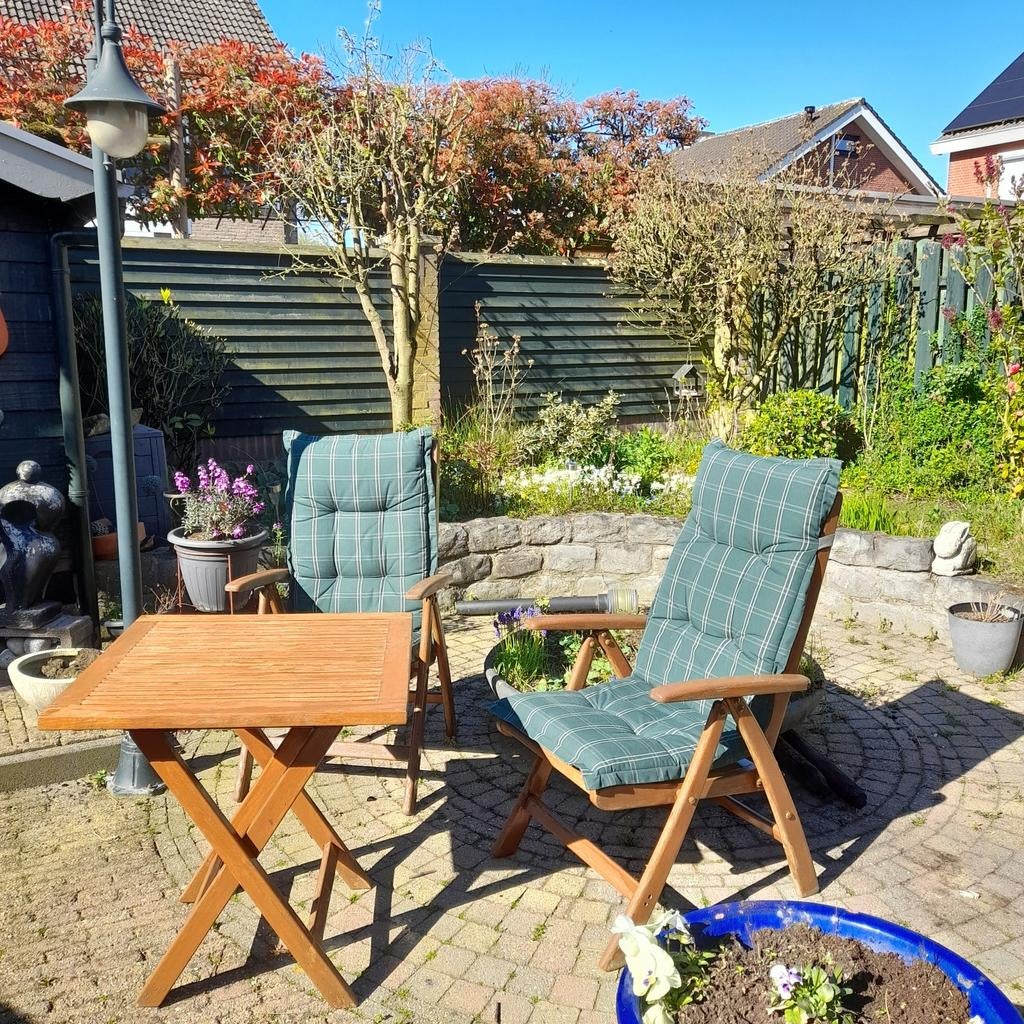 Teakhouten bistro tuinset inklapbaar met kussens, Tuin en Terras, Tuintafels, Ophalen