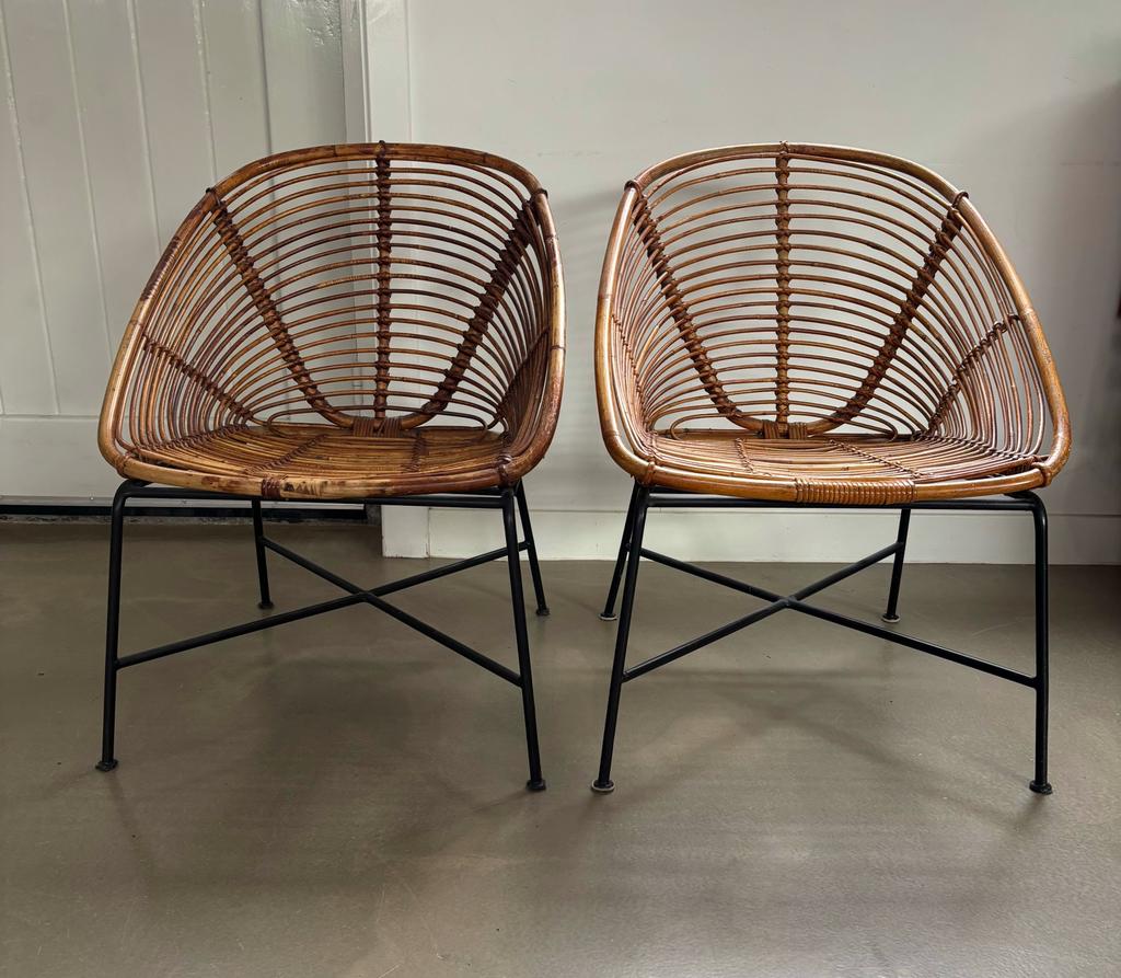 Set midcentury stoeltjes, metaal en rotan, jaren 50/60, Gebruikt, Twee, Bruin, Ophalen of Verzenden