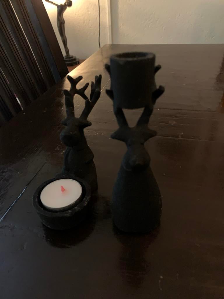 2x robuuste kandelaar van metalen hertenkop, Ophalen of Verzenden, Zo goed als nieuw