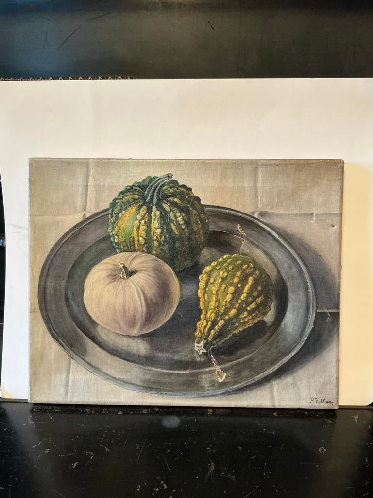 Mooi maar oud, gehavend, beschadigd schilderij met pompoenen, Ophalen of Verzenden