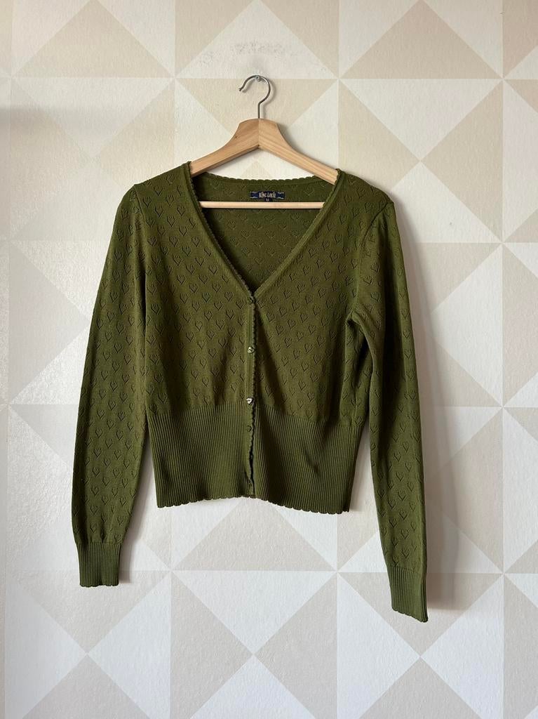 King Louie Cardi V Ajour vest hart mosgroen M/38 zgan, Ophalen of Verzenden, Zo goed als nieuw, Maat 38/40 (M), Groen