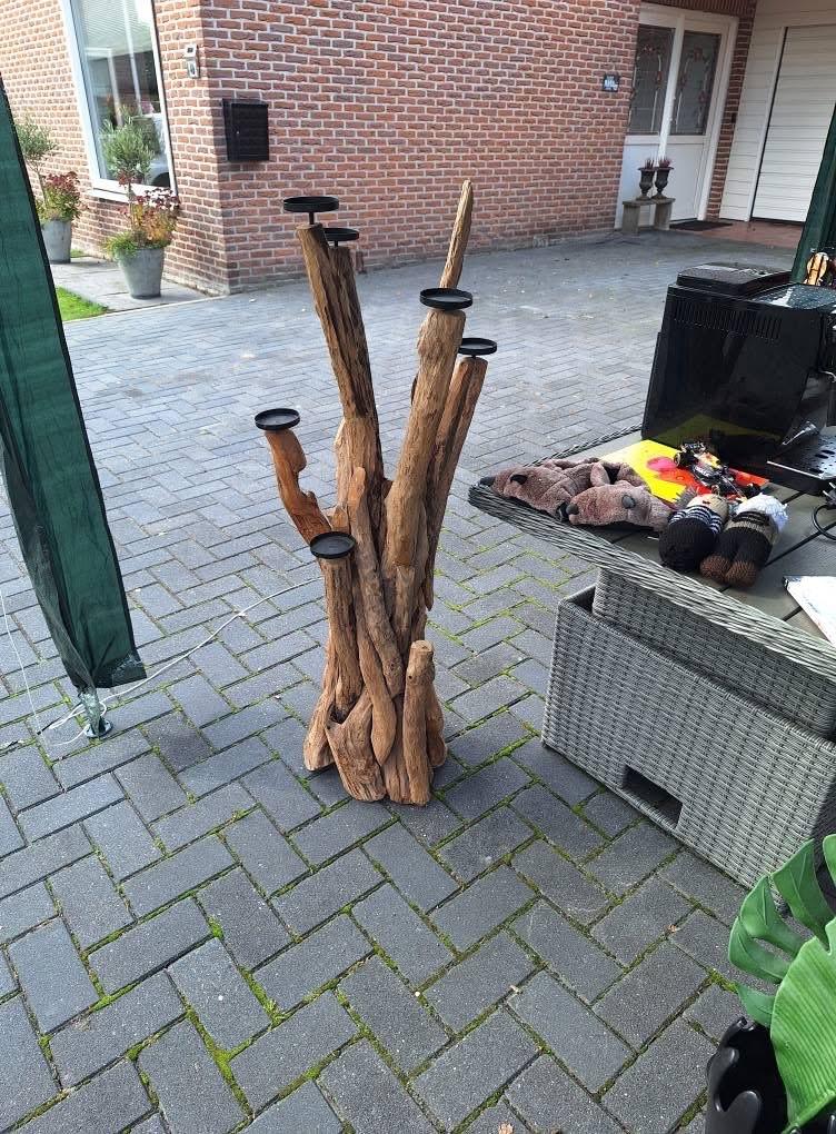 Teak houten kandelaar - 150 cm hoog, Gebruikt, Bruin, Ophalen of Verzenden, 75 cm of meer