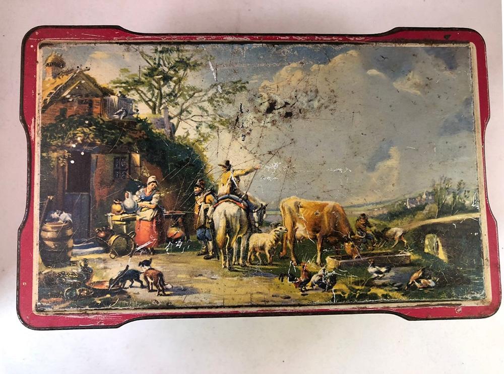 Blik met afbeelding landschap boerderij dieren - sigaren?, Verzamelen, Blikken, Ophalen of Verzenden, Gebruikt, Overige, Overige merken