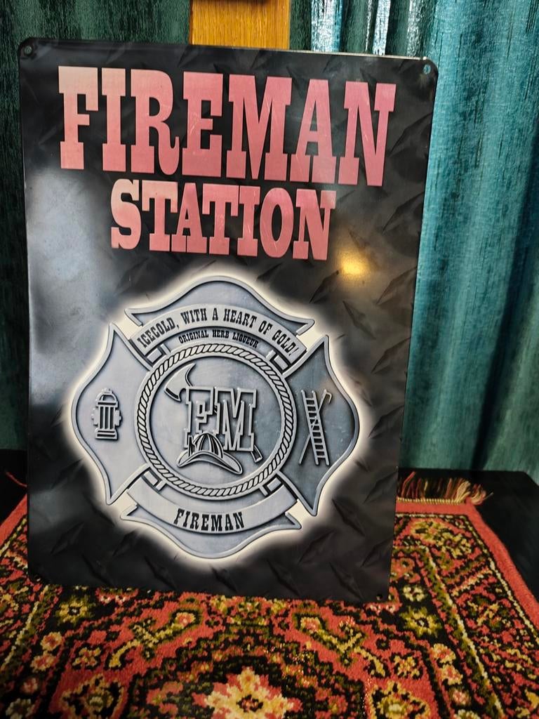 Vintage Fireman Station Metalen Bord, Ophalen of Verzenden, Gebruikt