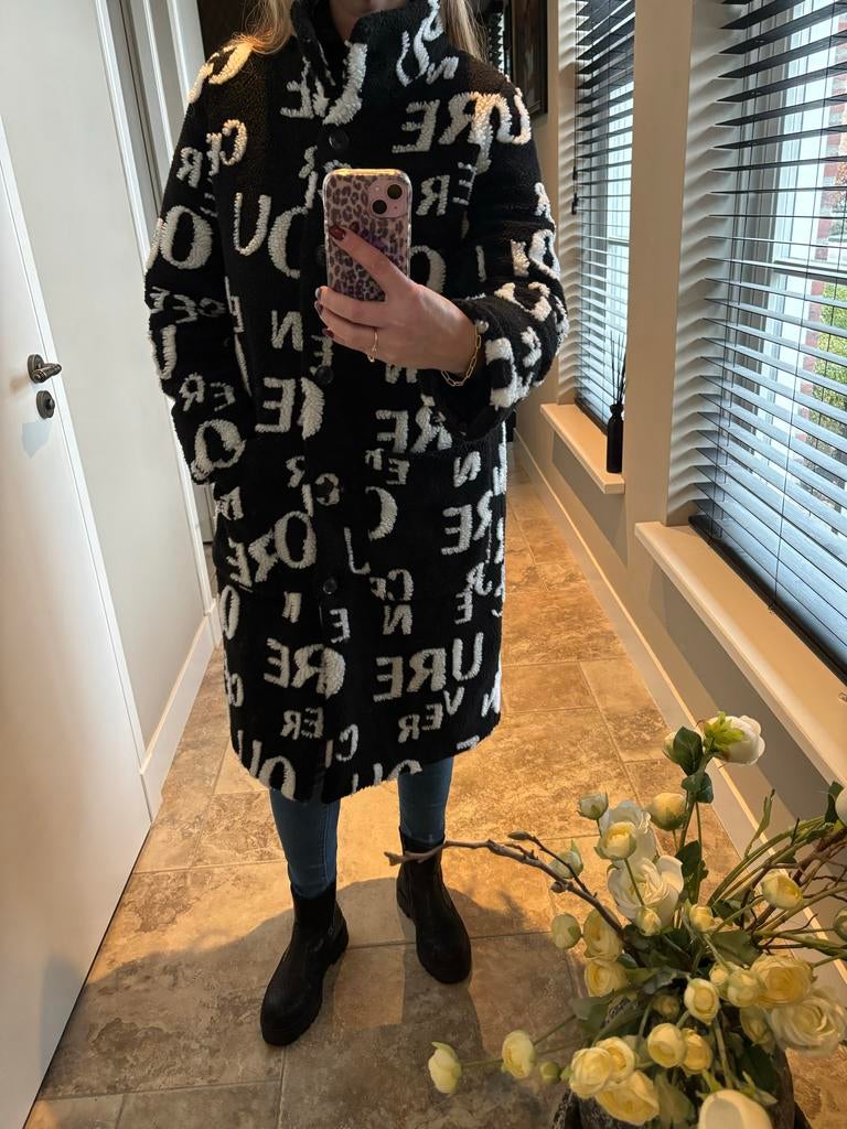 Geisha lange teddy jas zwart wit maat 38, Ophalen of Verzenden, Zo goed als nieuw, Maat 38/40 (M), Zwart