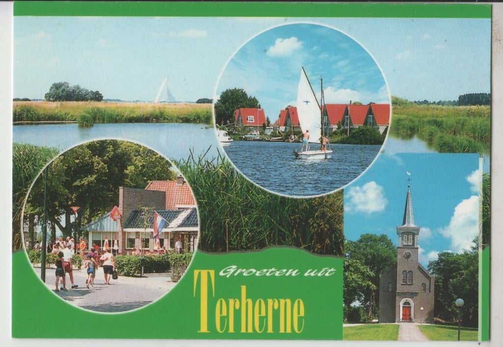 Terherne Terhorne 4 luik Kerk Zeilboot Valk Ongelopen, Verzamelen, Verzenden, 1980 tot heden, Ongelopen, Friesland