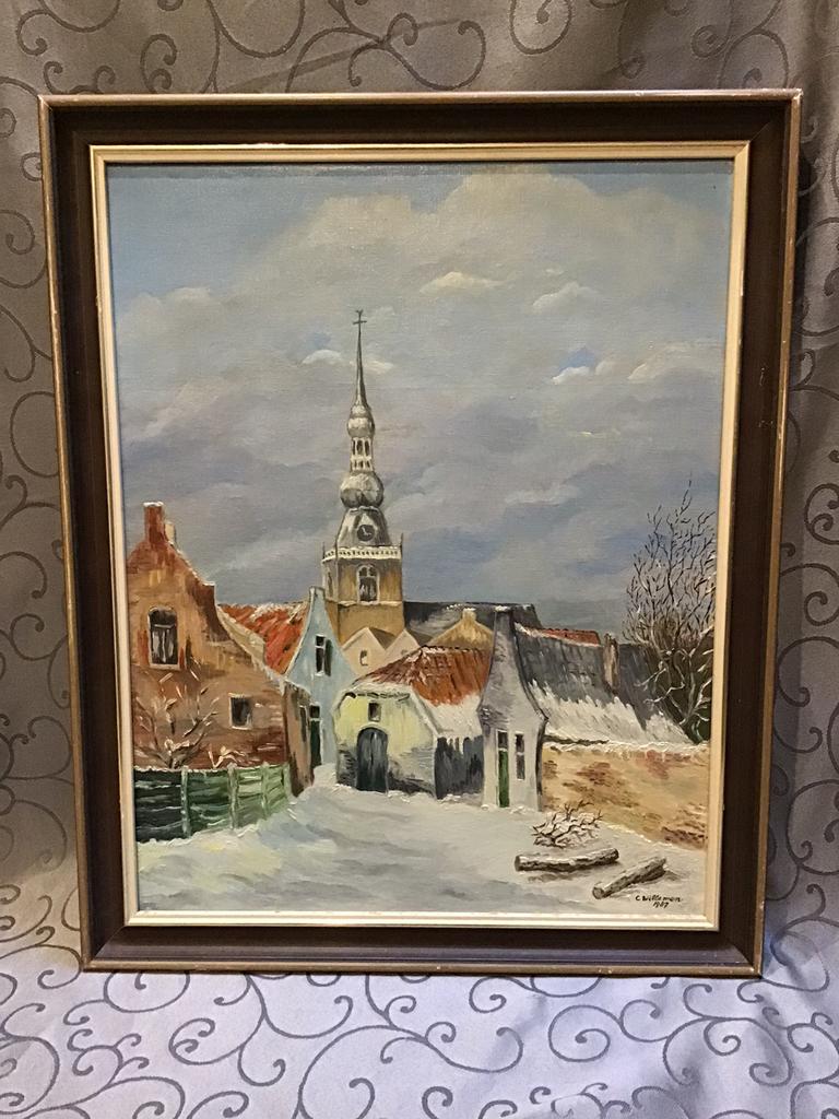 Winterlandschap met kerk in houten lijst 57x 48 cm, Ophalen