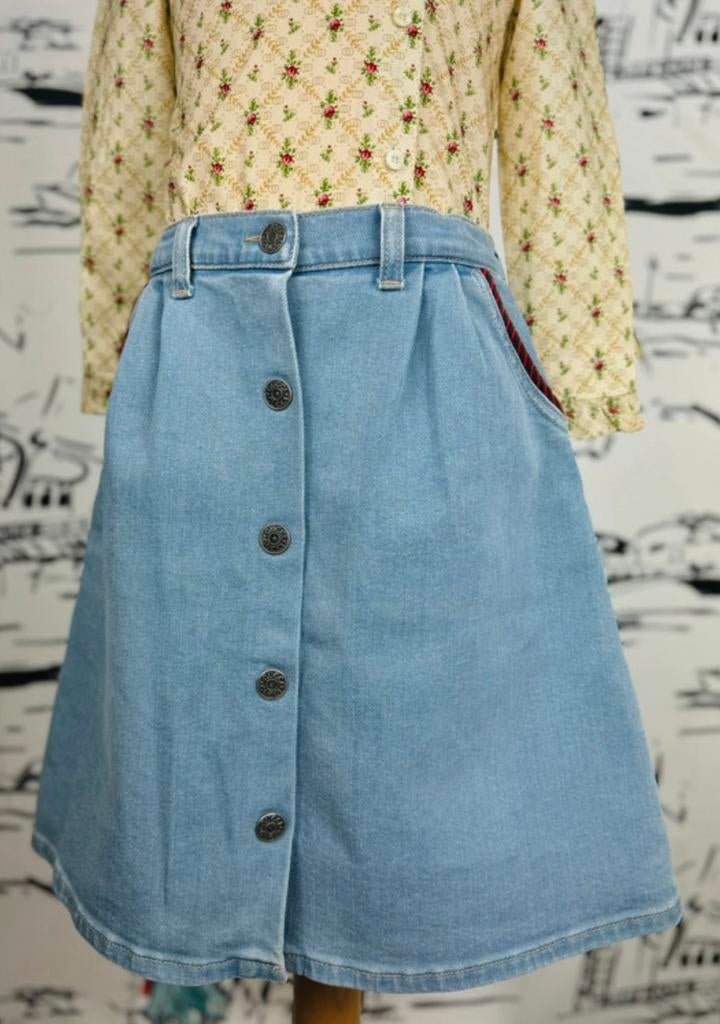 Gucci denim rok mesje met logo patch maat 8, Gucci EU, Customercare@gucci.com, Zo goed als nieuw, Jurk of Rok