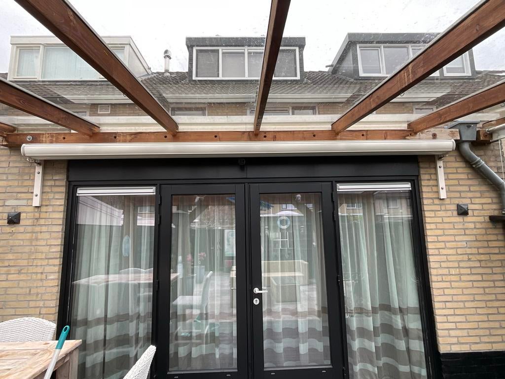 Knikarm zonnescherm 4 meter breed - Elektrisch, Tuin en Terras, Zonneschermen, Ophalen, Gebruikt, Elektrisch, 150 tot 300 cm